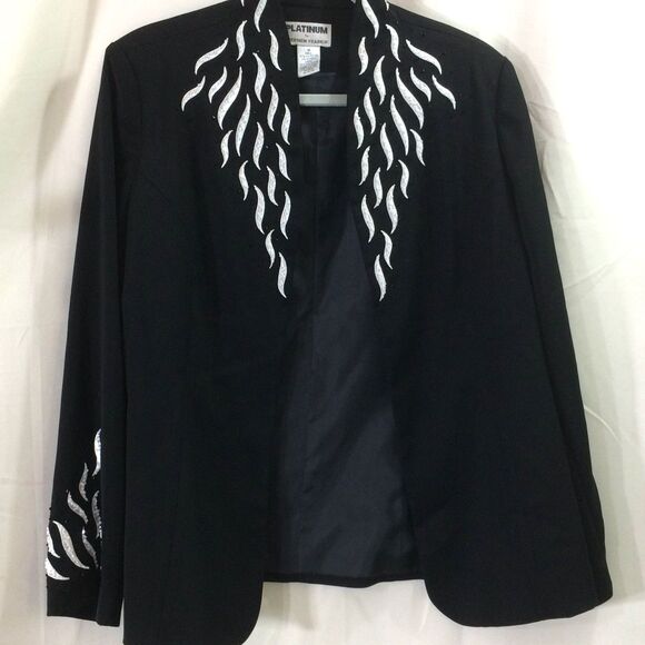 Vintage 90s Platinum by Stephen Yearick Blazer Womens 14 Black Sequin Open Front - Picture 1 of 4